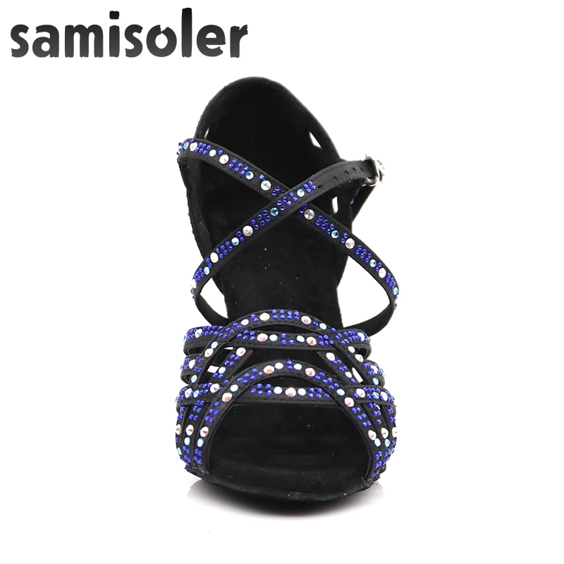 Samisoler pattini di vestito donna zapatos de baile Latina mujer nero di raso blu scuro strass signore salsa festa da ballo