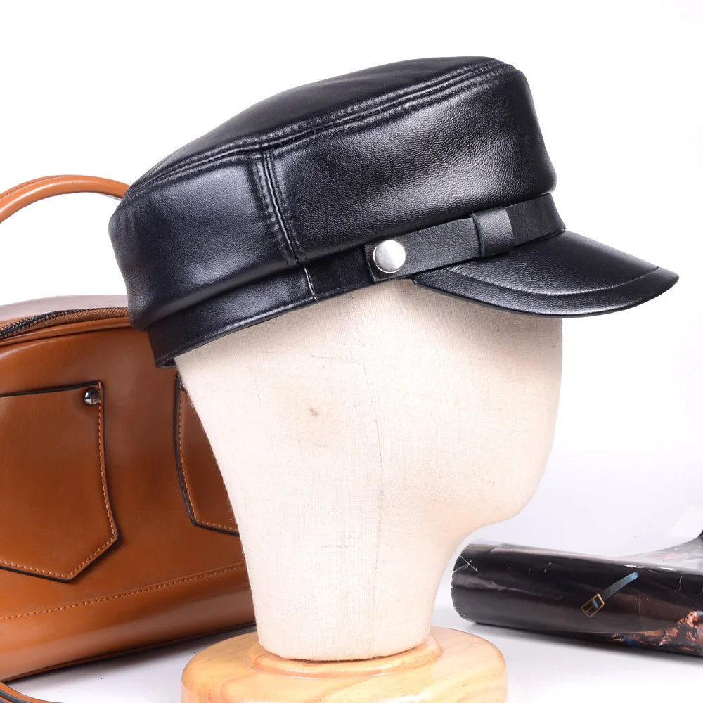 Casquette de loisirs unisexe en cuir véritable pour hommes et femmes, chapeaux plats gavroche militaires, casquettes noires