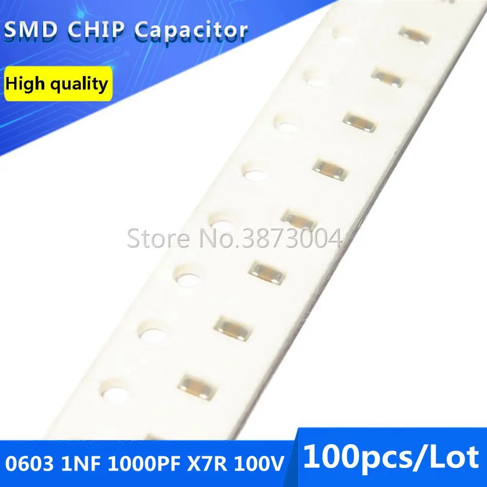 100pcs 0603 1NF 1000PF X7R 100V 10% SMD Chip Capacitor