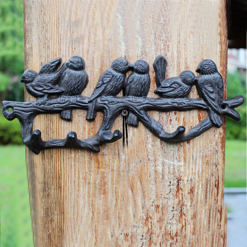 European Farm House Accents Handmade Antique Black Six Birds On Branch Cast Iron Wall Mounted Hook With Four Hangers Garden Item