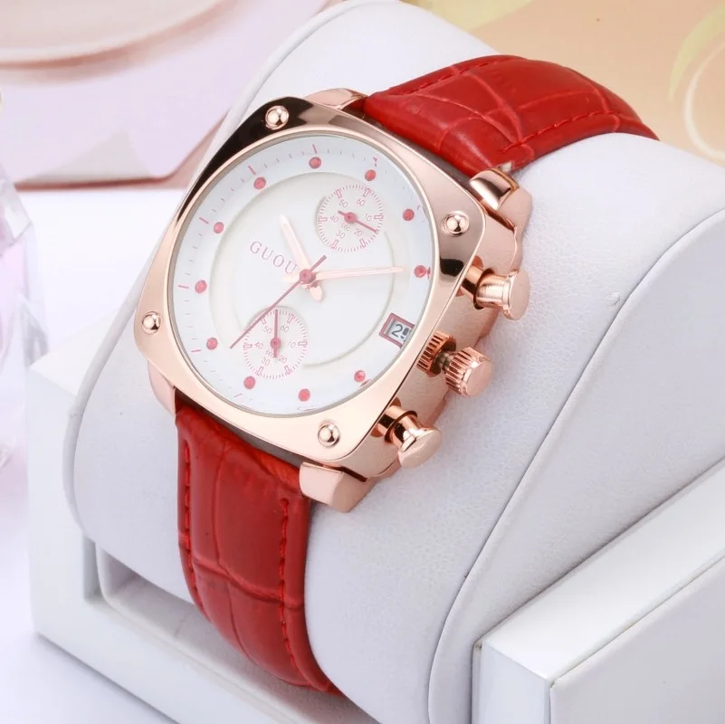 2022 Fashion Guou Brand Watch Luxury Crystal Rose Gold Women Genuine Leather Ladies Auto Date Lady Hour Clock Relogio Feminino