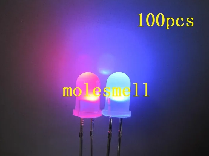 100pcs 5mm Dual Bi Color Polar Changing diffused Red/blue Led diffused Leds 2-Pin led big/wide angle led