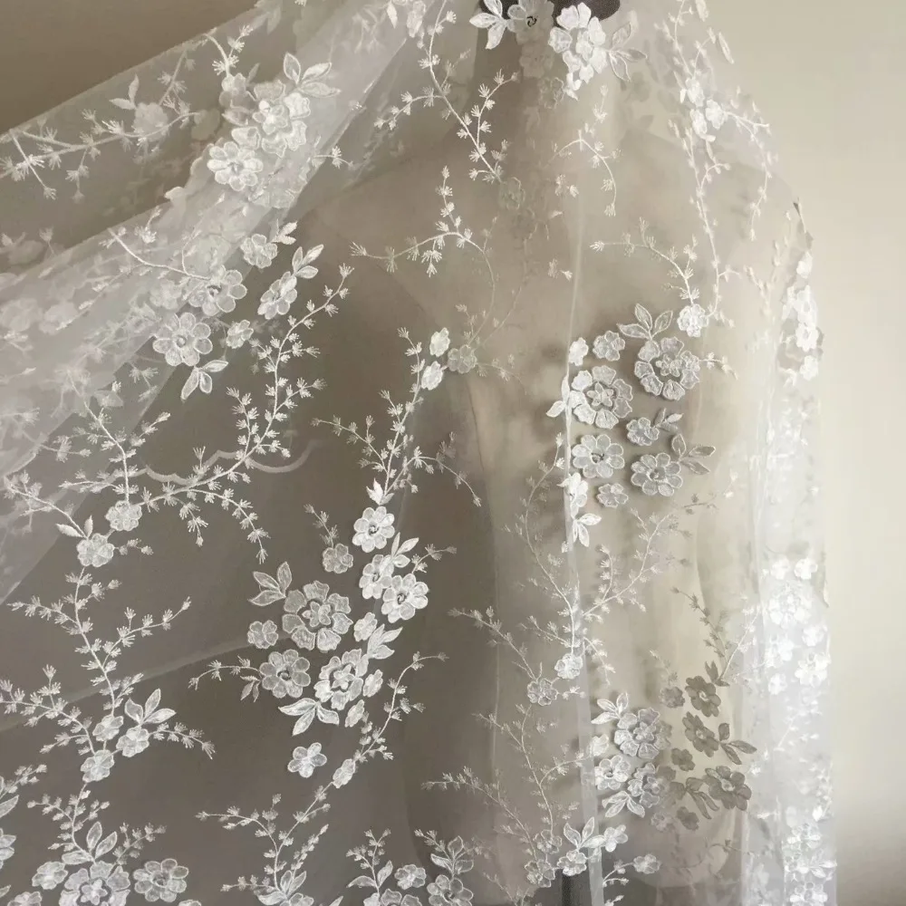 Mehrfarbiger Spitzenstoff mit 3D-Blumen für Hochzeitskleider, 4 Farben, Handverziert, DIY-Material – Detail 16
