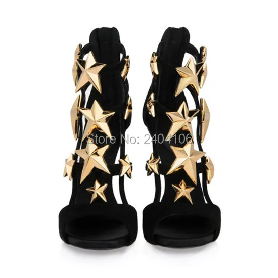 Sandale Femme Gold Metal Stars Studded Summer Shoes Cut Outs Zipper Gladiator Sandalias Peep Toe Sexy High Heeled Women Sandals