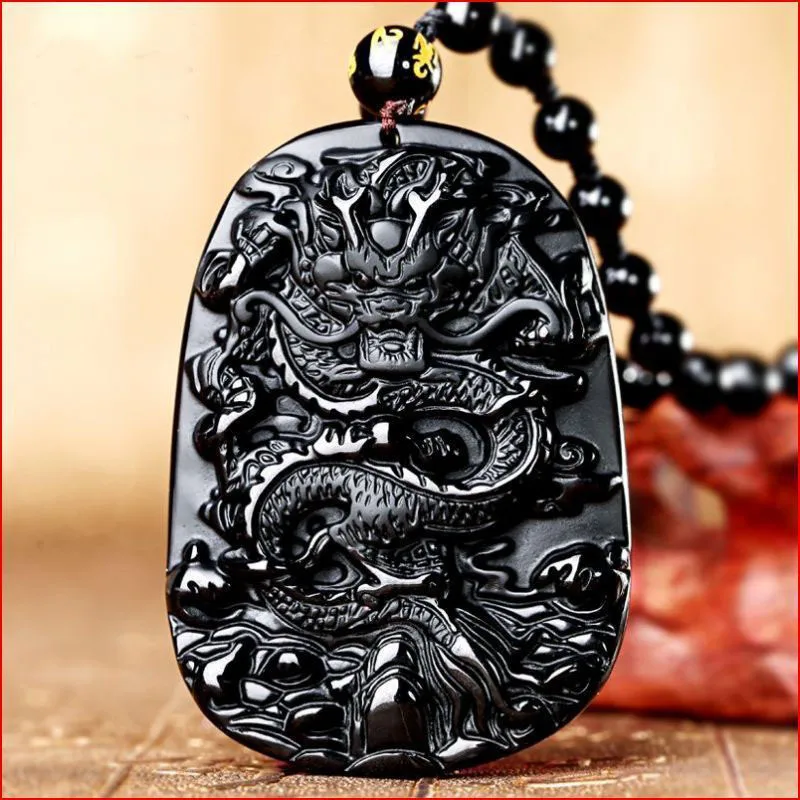 Accept Drop Shipping Natural Energy Stone Black Obsidian Chinese Dragon Lucky Amulet Necklace Pendant Brave Man Reiki Gift