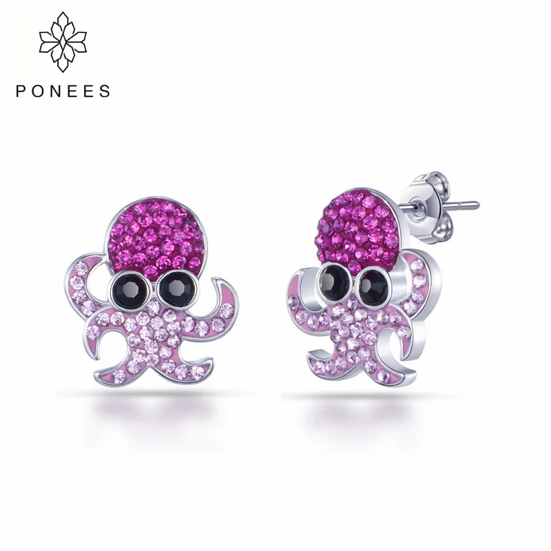 PONEES New Arrival Rhodium Cute Crystal Octopus Stud Earrings For Women Sea Animal Nice Fine Jewelry Fishing Octopus For Kids