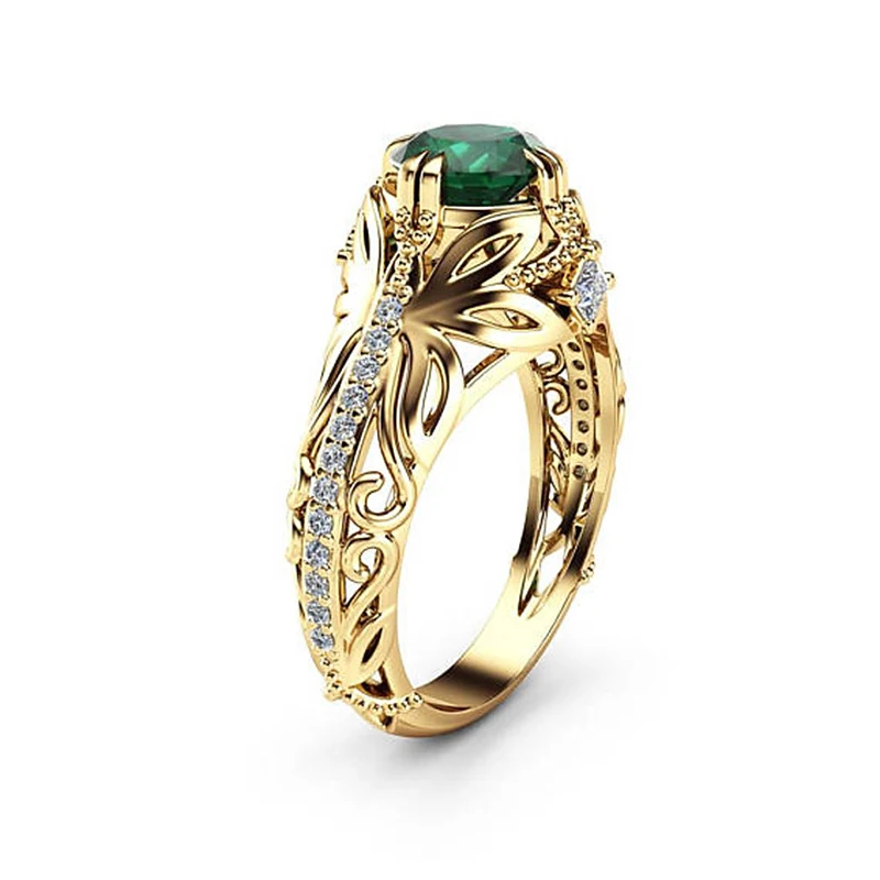 Retro Gold Color Ring green Stone AAA Zircon Copper Jewelry for Women Engagement Wedding bague bijoux size 6  7 8 9 10