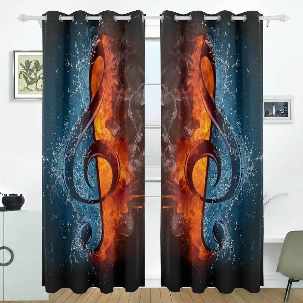 Water And Fire Musical Note Curtains Drapes Panels Darkening Blackout Grommet Room Divider for Patio Window Sliding Glass Door