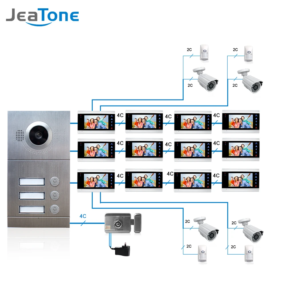 Jeatone Video Intercom System 4 Apartment 7 Inch Touch Screen Monitor 1200TVL Video Doorbell Intercom In Private House