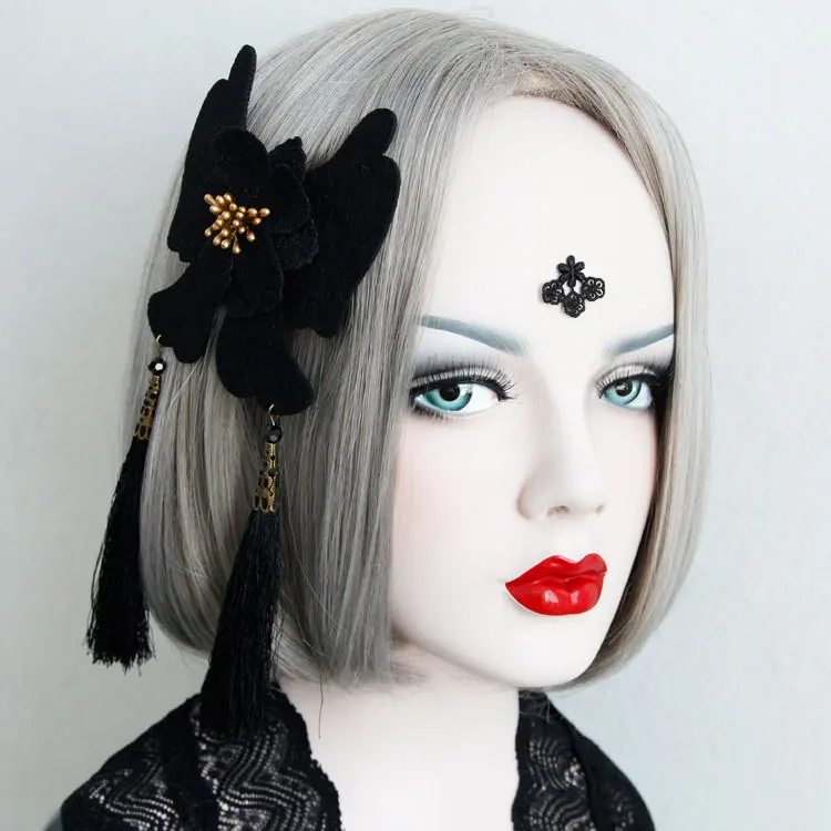 Princess Gothic lolita hairpin Gothic hell girl cos Black Butterfly hairpin exaggerated flowers fringed vintage jewelry FJ-124