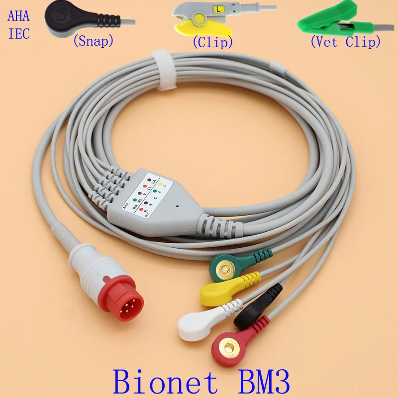 8 pinów EKG EKG 5 odprowadzeń kabel i przewód elektrody do monitora Bionet BM3, ze zwierzęcym EKG, zatrzaskiem/klipsem/klipsem Vet IEC lub AHA.