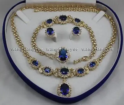 Real Blue Zircon Inlay Link Bracelet earrings Ring Necklace Set new - watch wholesale Quartz stone CZ crystal