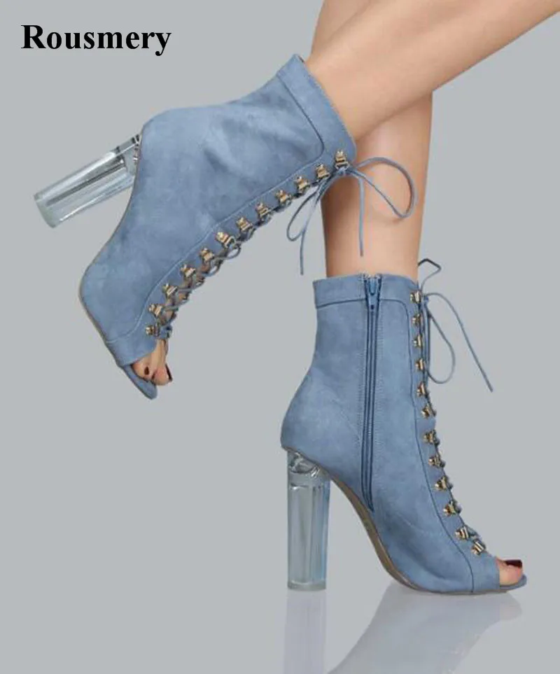 

2017 New Design Women Fashion Open Toe Denim Design Thick Crystal Heel Ankle Boots Lace-up Cut-out High Heel Jean Boots