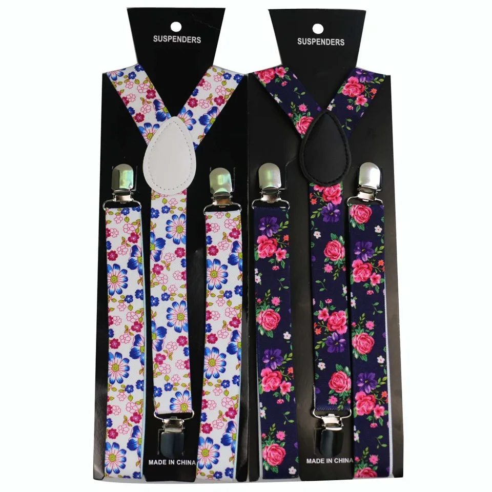 Winfox New Purple Pink Flower Floral Print Adjustable Mens Womens Unisex Clip-on Suspenders Unisex Elastic Y-Shape Braces