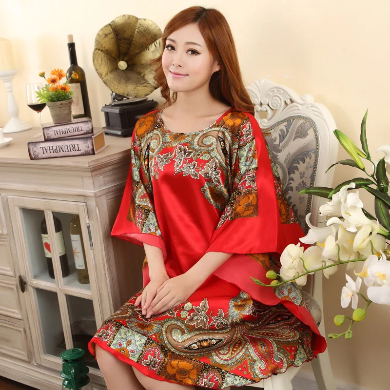 New Arrival Chinese Women Summer Silk Sleepwear Sexy Mini Robe Dress Printed Kaftan Bath Night Gown Flower One Size Q01