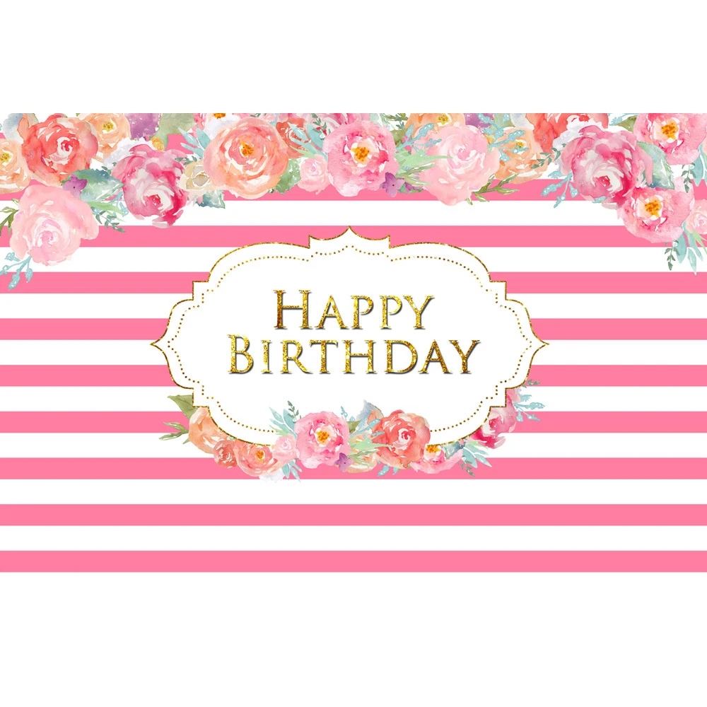 Pink and White Striped Happy Birthday Backdrop Printed Flowers Newborn Baby Shower Props Little Princess Royal Party Backgrounds