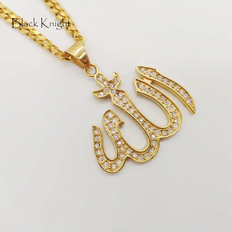 Black Knight Full Rhinestones Gold color stainless steel Allah pendant necklace Islam Bling Bling Allah necklace amulet BLKN0765