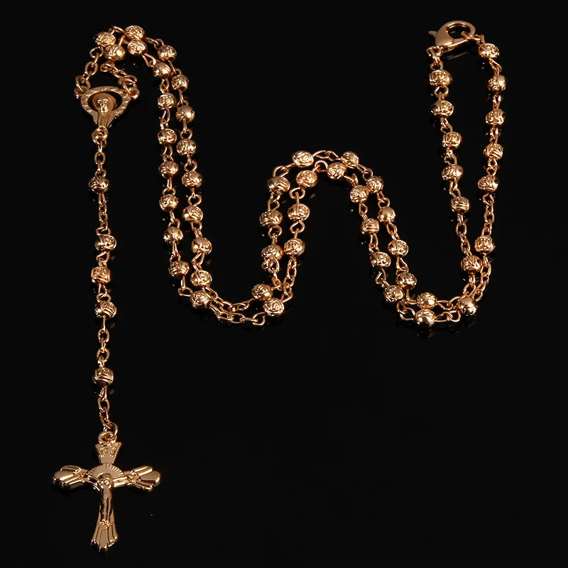 4mm edelstahl bead halskette, vintage gold rosenkranz kleine halskette, weibliche halskette Jesus kreuz halskette.