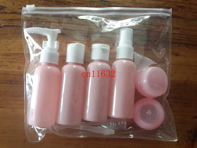 Miễn phí vận chuyển 9 trong 1 Travel Kit transparant Perfume Spray Chai Atomizer 50 ml rõ ràng nhựa chai bơm lại, 170 jogos/lote