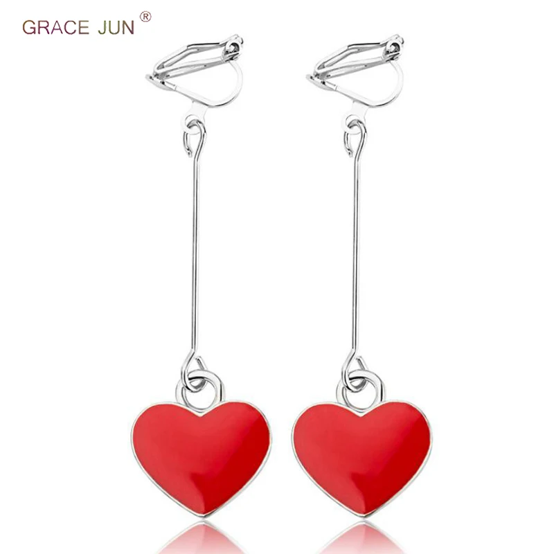 GRACE JUN Hot Sale Long Gold Color  Heart Shape Clip on Earrings No Pierced for Women Gorgeous Cuff Earrings No Hole Earrings