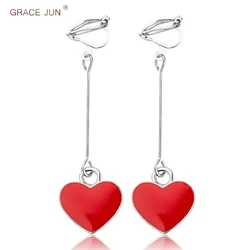 GRACE JUN Hot Sale Long Gold Color  Heart Shape Clip on Earrings No Pierced for Women Gorgeous Cuff Earrings No Hole Earrings