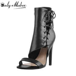 Onlymaker Delle Donne 12 CENTIMETRI Open Toe Lace Up Ritaglio Tacco Alto Sandalo Matte balck colore Cerniera Laterale Singola Banda Scarpe per i pattini Del Partito