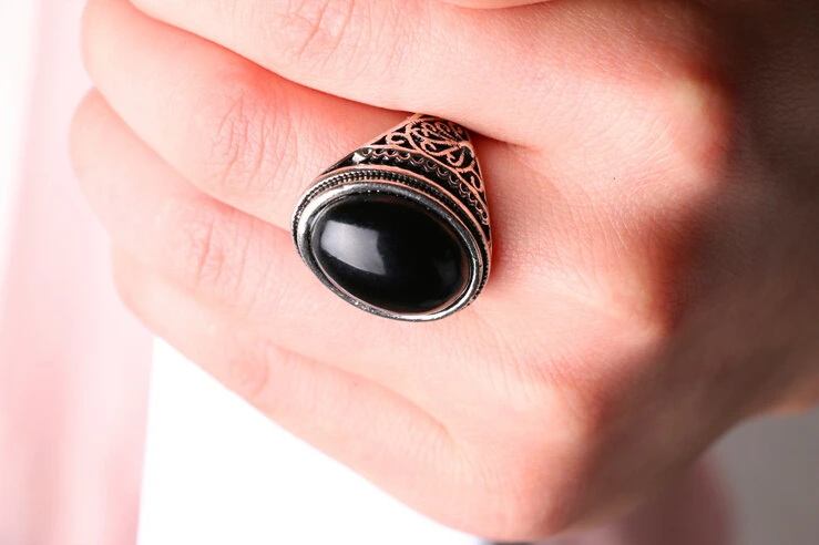 Vintage Ring - Punk  Plated Ring Vintage Jewelry Big Black Stone Ring Red Jewelry For Men women Gift Silver Color Rings 20036