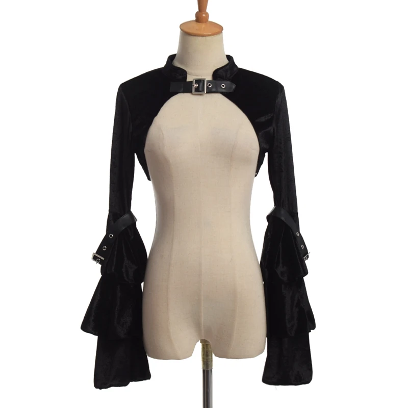 Chaqueta de corsé Steampunk para mujer, miniabrigo Medieval victoriano, gótico, negro, Bolero de manga larga