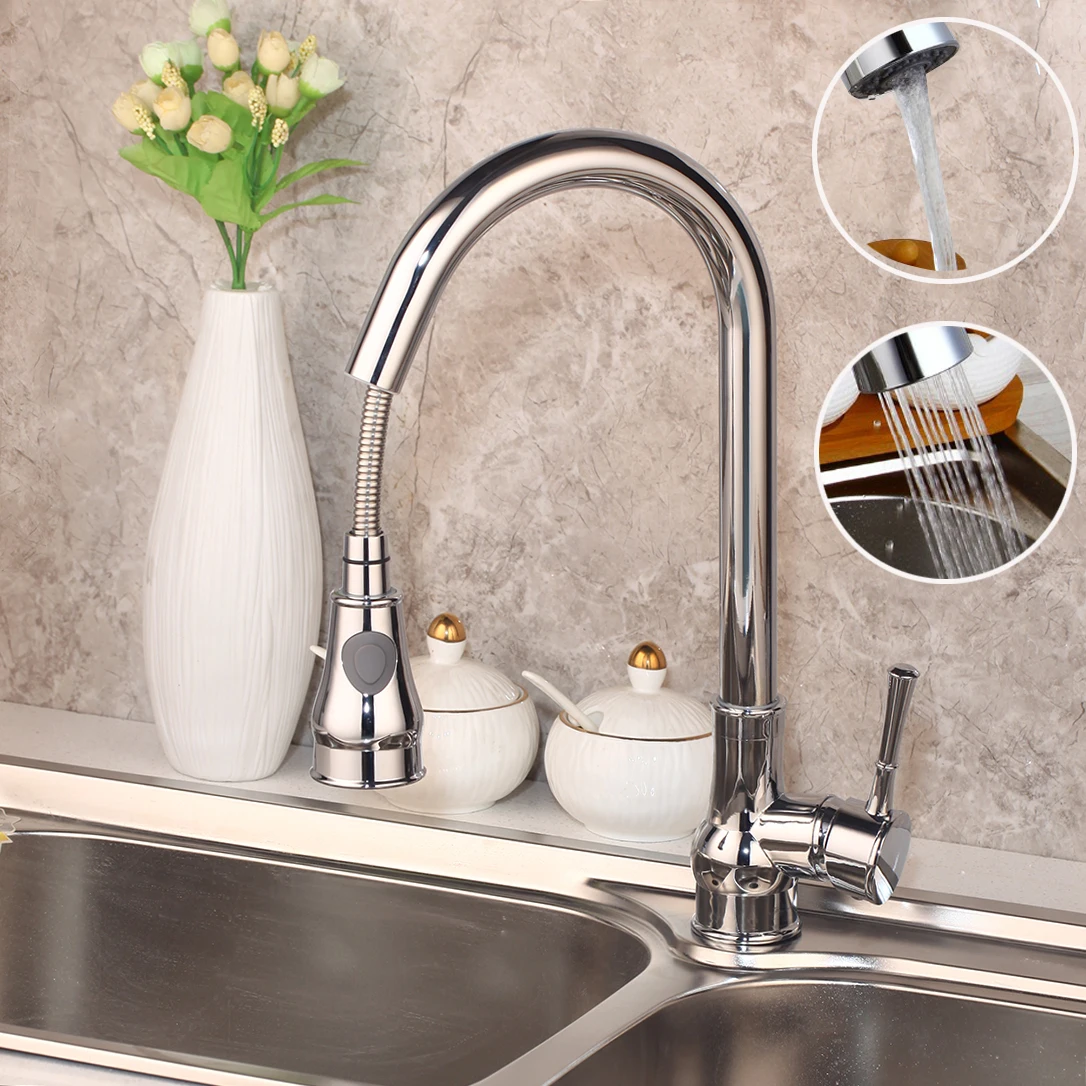 Torayvino Kitchen Faucets Silver & Black Single Handle Pull Out Kitchen Tap Single Hole Handle ORB Taps Swivel 360  Water Mixer