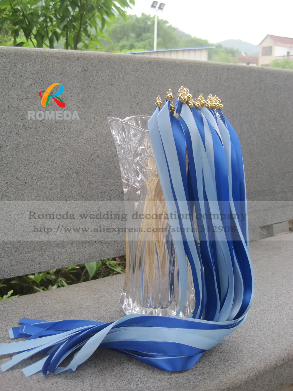 FREE SHIPPING--(50Pieces/Lot)Style A blue and light blue with gold bell Wedding Ribbon Stick,ribbon Twirling Streamers