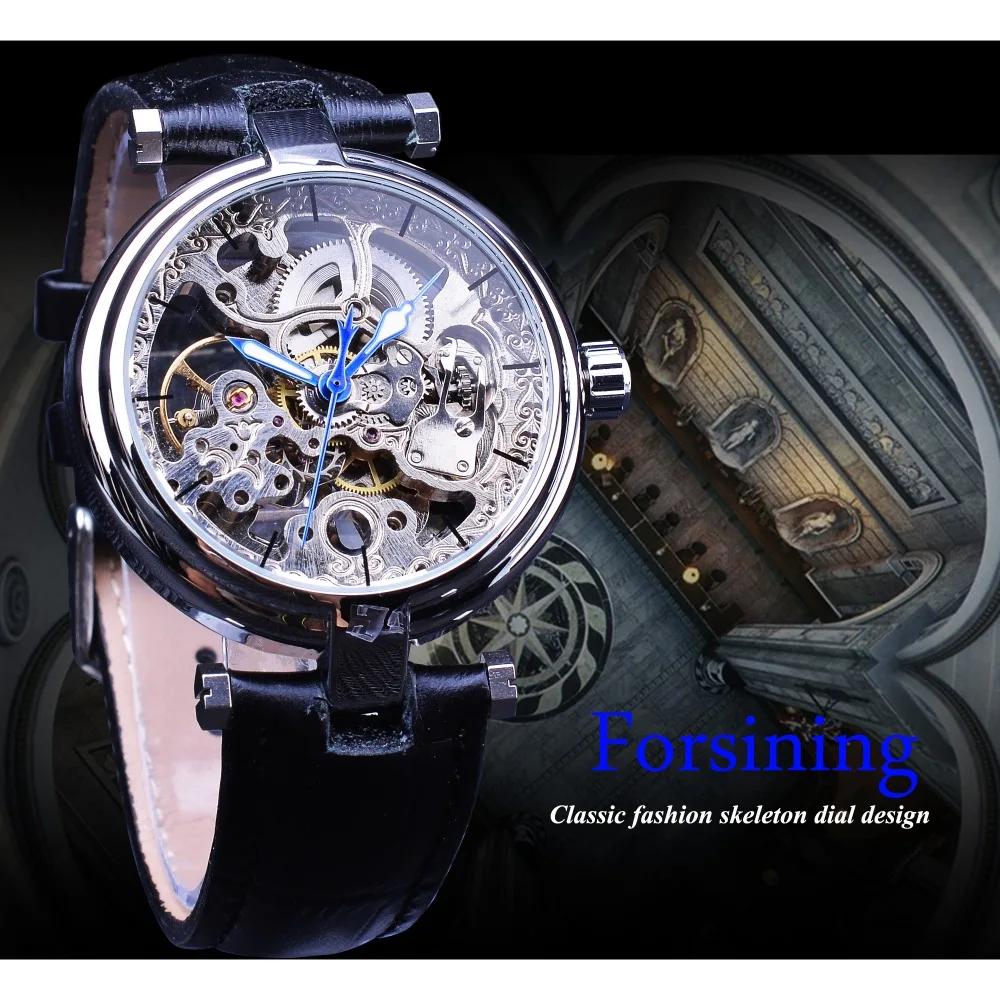 Forsining Fashion Silver Movement Skeleton Watches Blue Luminous Hands Leather Men\'s Mechanical Wristwatch Waterproof Male Clock