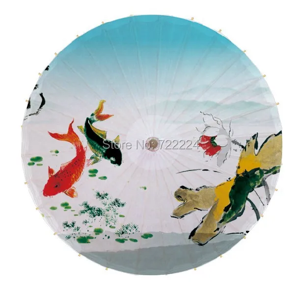 

Free shipping Chinese hand-drawn fishing in the lotus pond picture handmade parasol waterproof dance gift oiled paper umbrella