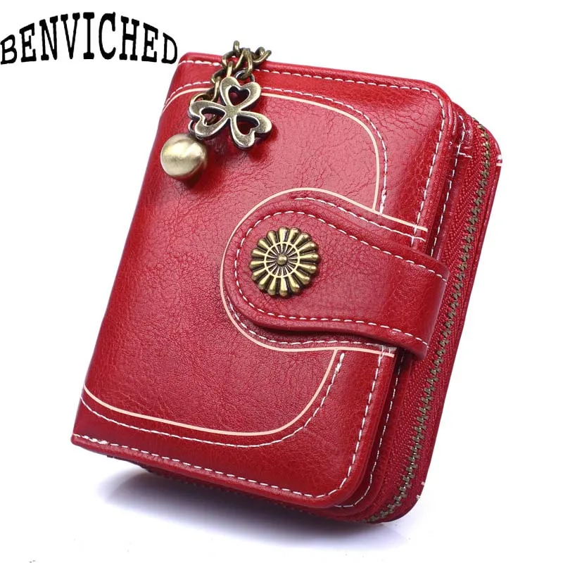 

BENVICHED Fashion Women Zipper Wallet High Quality Coin Pocket Card Purse Women Button Purse Quality Flower Hardware B033