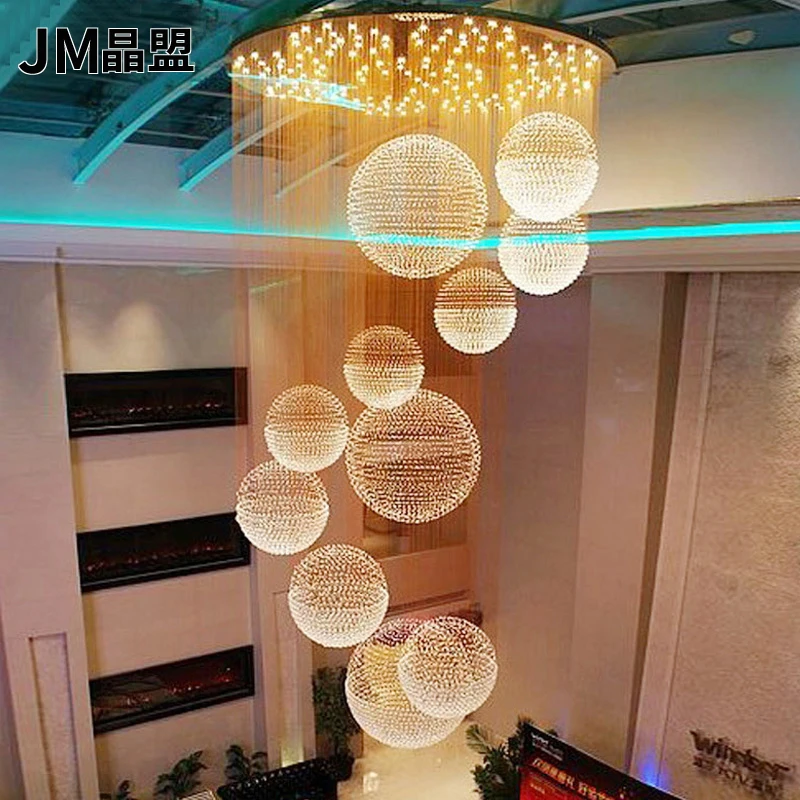 Round Stairs Pending Lighting Fixtures LED Hanging Lamp Villa Lampen Duplex Crystal Lustre Lamparas De Techo Colgante Moderna