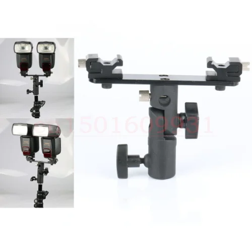 Double Twins Dual Hot Shoe Speedlight Stand Bracket Mount Holder for Flash Light Swivel Lamp Bulb with Umbrella Socket