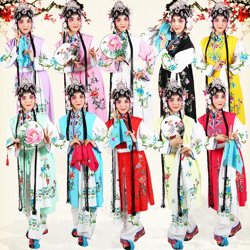 Opera Outfit Jacket + Pants + Waist coat +Waist scarf Girl servant Peking opera stage costume lady flower embroidered long suits