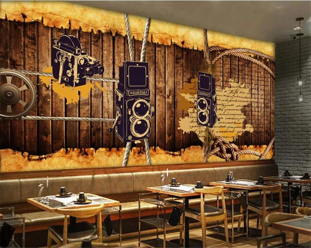 beibehang Custom Wallpapers 3d Photo Murals Europe and America Retro Nostalgia Wooden Rope Bar Coffee Shop Background Wall paper