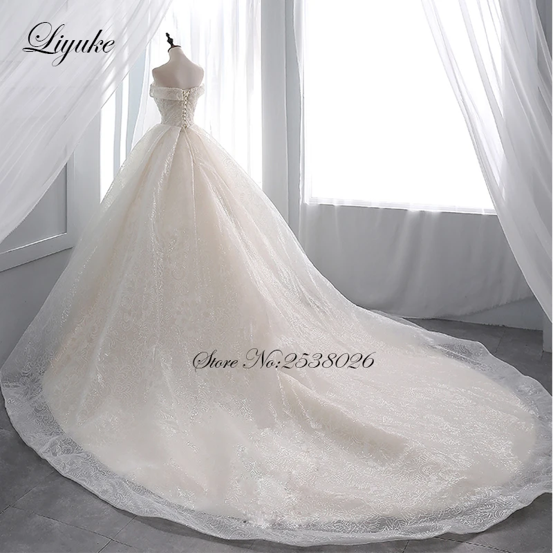 Liyuke Vintage Light Champagne Ball Gown Wedding Dress Sequin Organza Chapel Train Lace Up Bridal Dress Vestido de boda 2019