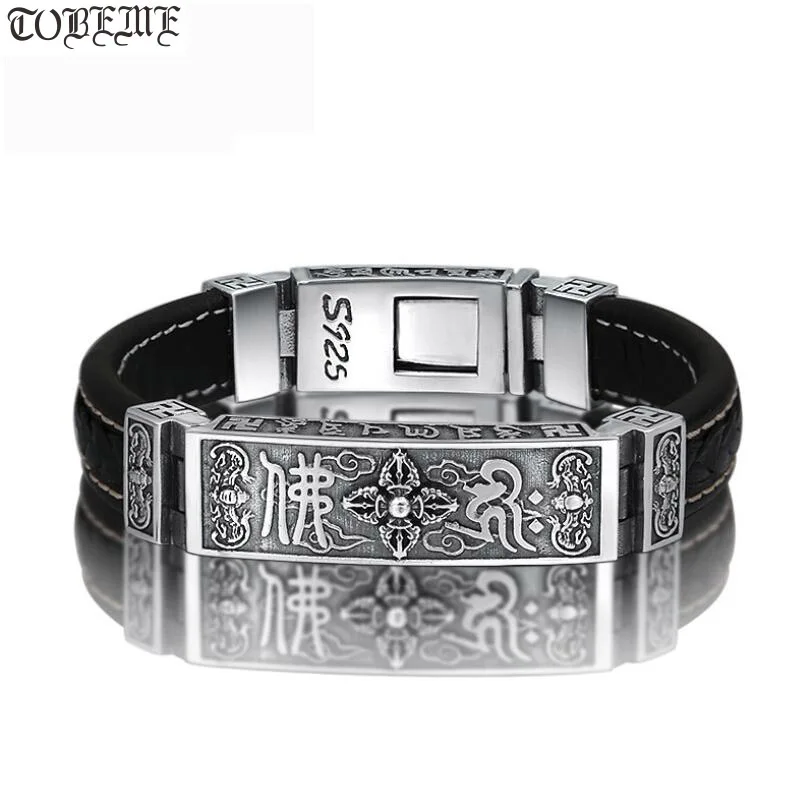 100% 925 Silver Tibetan Dorje Bracelet Fine Leather Buddhist Vajra Symbol Bracelet Pure Silver Tibetan Six Words Bracelet