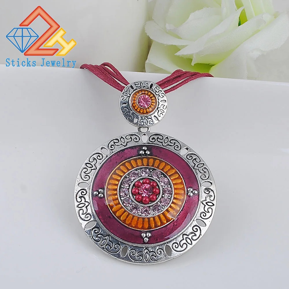 Fashion Bohemia Style Trendy Necklace Pendant Vintage Round Zinc Alloy Enamel Rhinestone Bead Statement