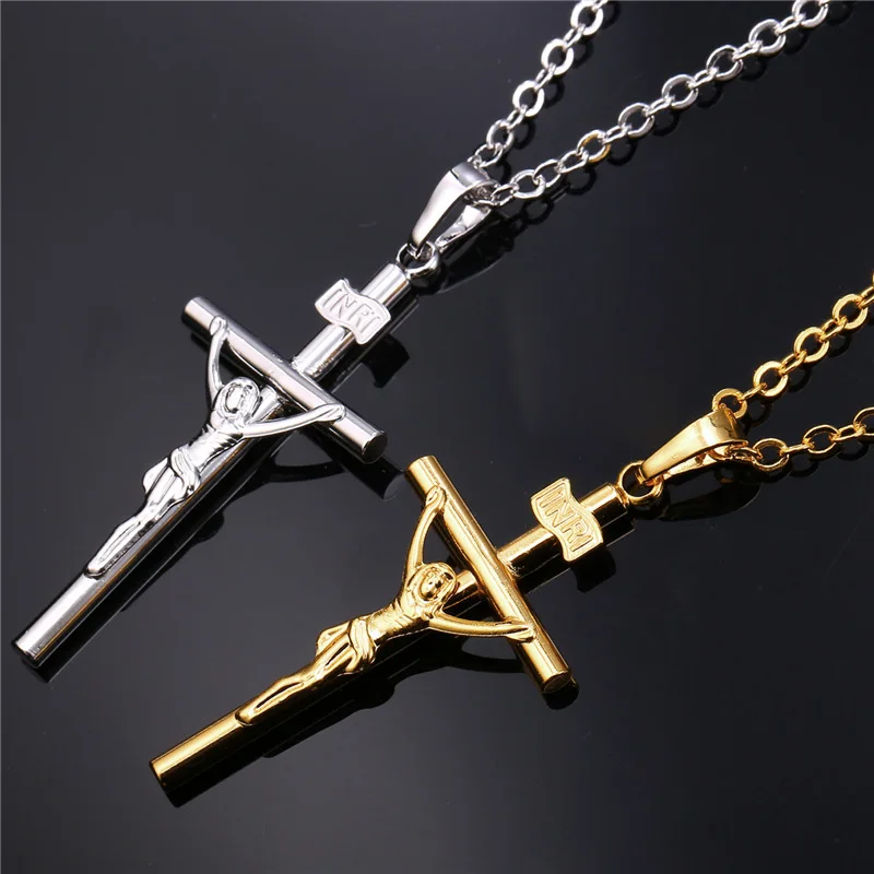 U7 INRI Crucifix Jesus Cross Necklace for Men Women 20 inches Rolo Chain Unisex Jewelry QC24