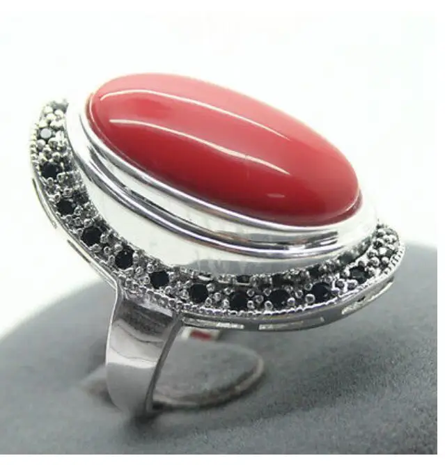 17X30mm Red Coral 925 Sterling CZ  Vintage Style 925 Sterling CZ Marcasite Ring Size 7/8/9/10Luxury Girls Wedding