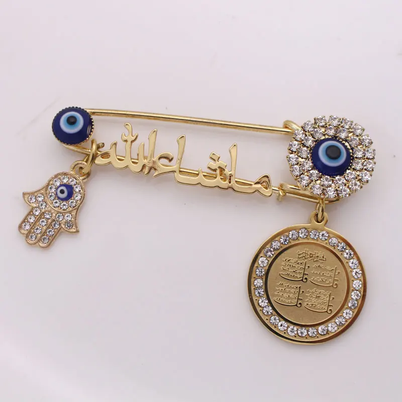 muslim islam Mashallah in arabic four Qul suras hamsa hand of fatima Turkish evil eye Stainless Steel Pin brooch Baby Pin