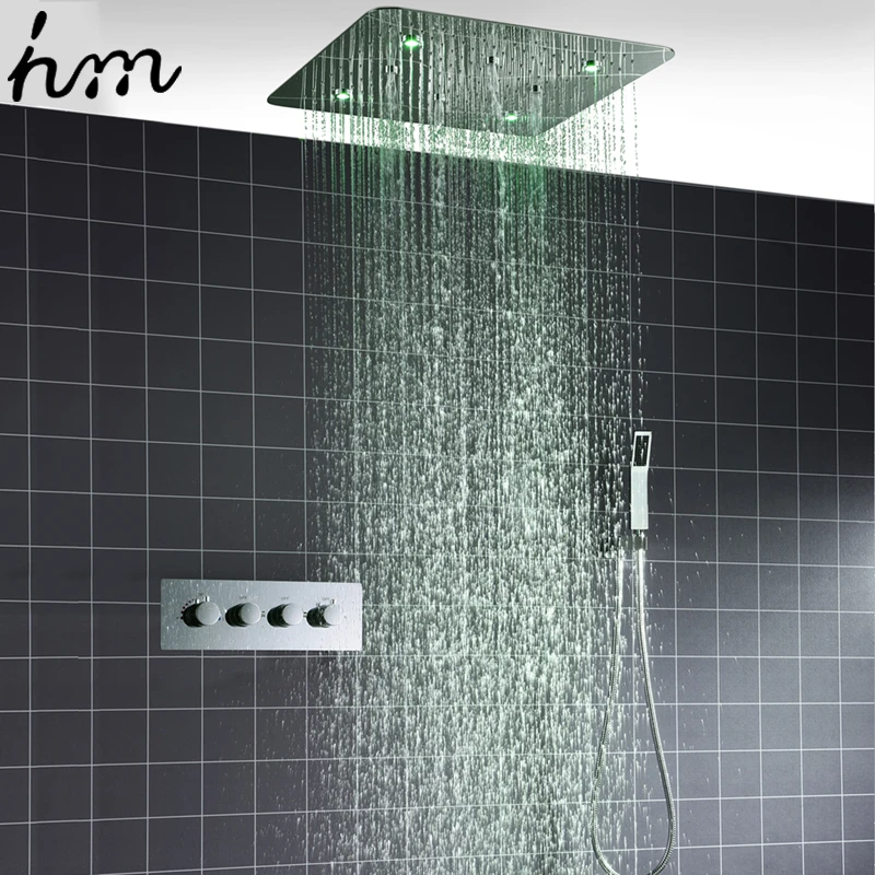 hm Ceiling LED Shower Set 20 Inch SPA Spray Rainfall Shower Head Panel Bathroom 3 Ways Thermostatic Diverter Faucets System