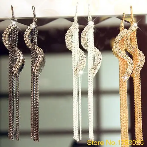 Women's Trendy Long Tassels Rhinestone Hook Dangle S-Shape Linear Earrings  4TN8