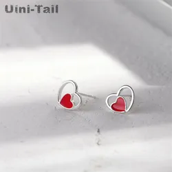 UiniTail hot new 925 Tibetan silver fashion red heart-shaped earrings temperament tide flow small heart-shaped ear jewelry ED177