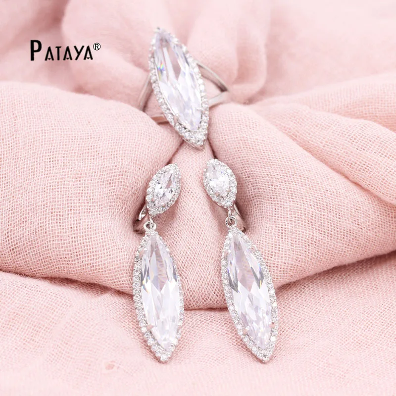 PATAYA Green Jewelry Sets True White Gold Color Natural Zircon Big Earrings Ring Fine Weddings Accessories Bride Jewelry Set