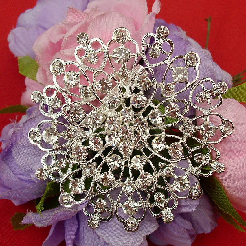 Fashion Large Round Elegant Vintage Rhinestone Snowflake Flower Style Silver Plated Star Pin Beautiful Brooch, Item No.: BH7469