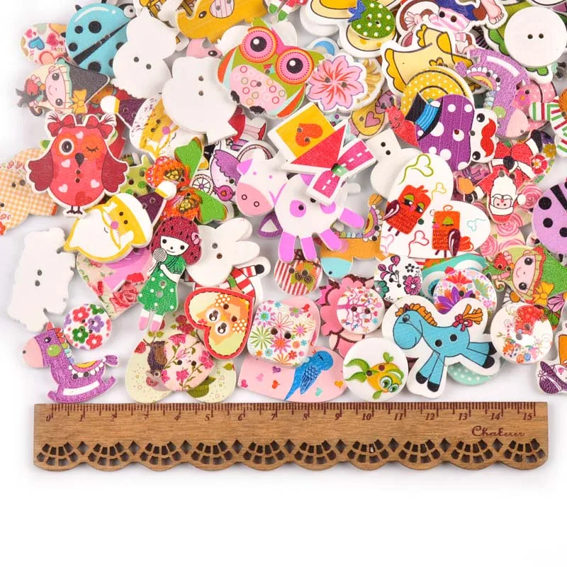 25Pcs 15-35mm Mixed Cartoon Painting Wooden Buttons For Crafts Scrapbooking Sewing Clothing Button DIY Apparel Accessories M1892