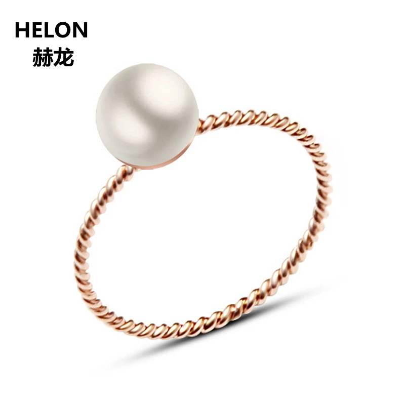 Solid 14k Rose Gold 100% Natural Freshwater Pearl Women Engagement Ring Wedding Ring Fine Jewelry Twisted Rope Style